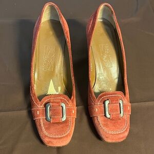 Salvatore Ferragamo Red Suede Buckle Heels